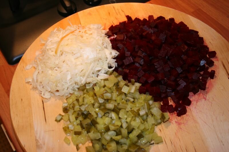 beet and salted cucumbers diced, salted cabbage added